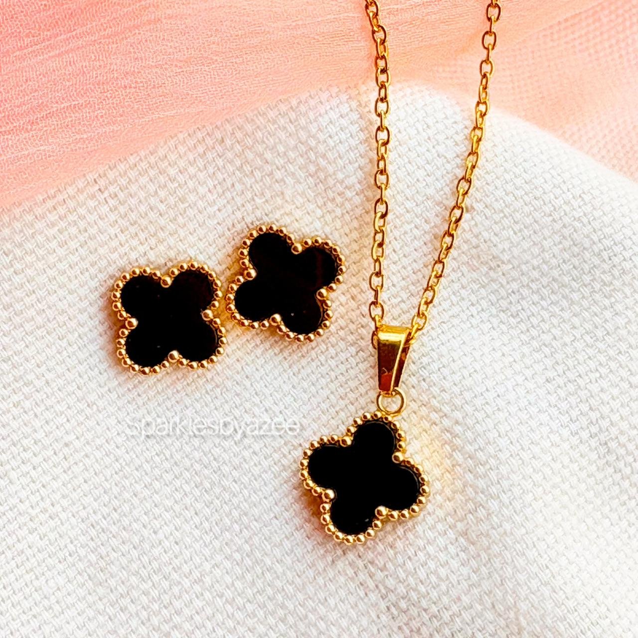 Double Sided Black Clover Set Necklace & Studs (18K Gold Plated)